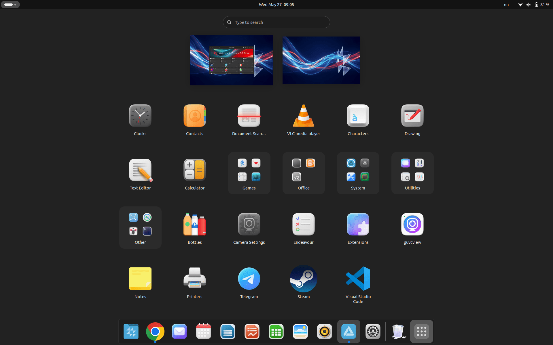 CrvenaOS application menu with pre-installed apps